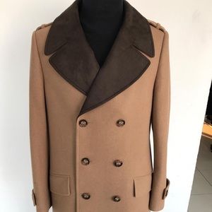 Mens wool overcoat with bespoke style suede collar